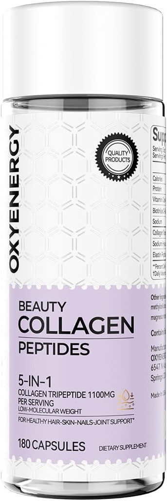 OxyEnergy Collagen Peptides Κάψουλες για γυναίκες, 1100mg Hydrolyzed Collagen Tripepties (Τύποι I) Συμπληρώματα με Βιοτίνη και Βιταμίνη C, 180 χάπια κολλαγόνου για την προώθηση των μαλλιών, νυχιών, δέρματος, 2 Μήνες προσφοράς