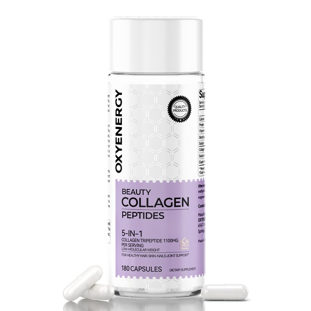 OxyEnergy Collagen Peptides Κάψουλες για γυναίκες, 1100mg Hydrolyzed Collagen Tripepties (Τύποι I) Συμπληρώματα με Βιοτίνη και Βιταμίνη C, 180 χάπια κολλαγόνου για την προώθηση των μαλλιών, νυχιών, δέρματος, 2 Μήνες προσφοράς
