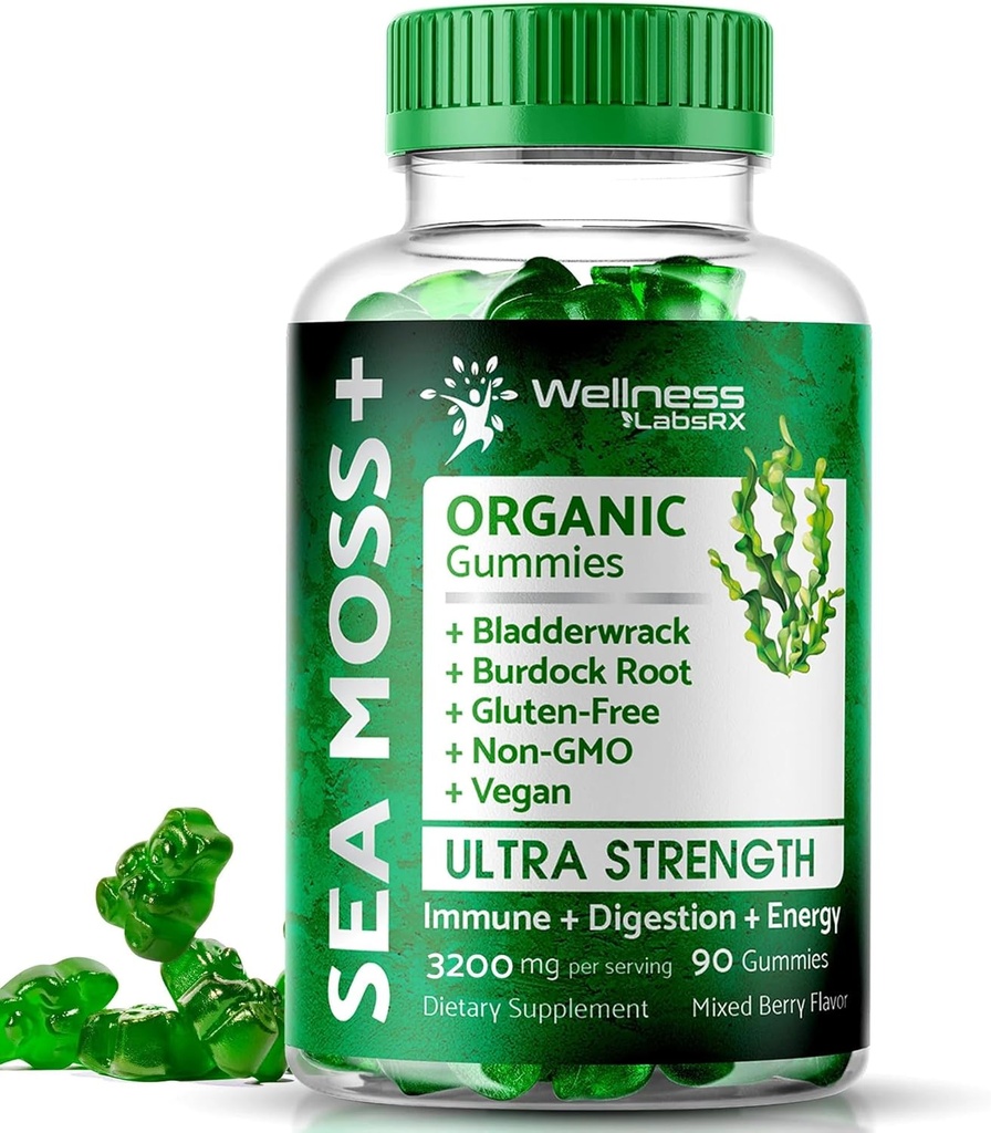 WELNESS LABSRX Sea Moss Gummies, 3200mg Ιρλανδική Θάλασσα Μος Μίξη Berry Γεύση με μέγιστη ισχύ Bladerwrack και Burdock Root - Υποστηρίζει το δέρμα, την ενέργεια και την ασυλία - 90 κόμης