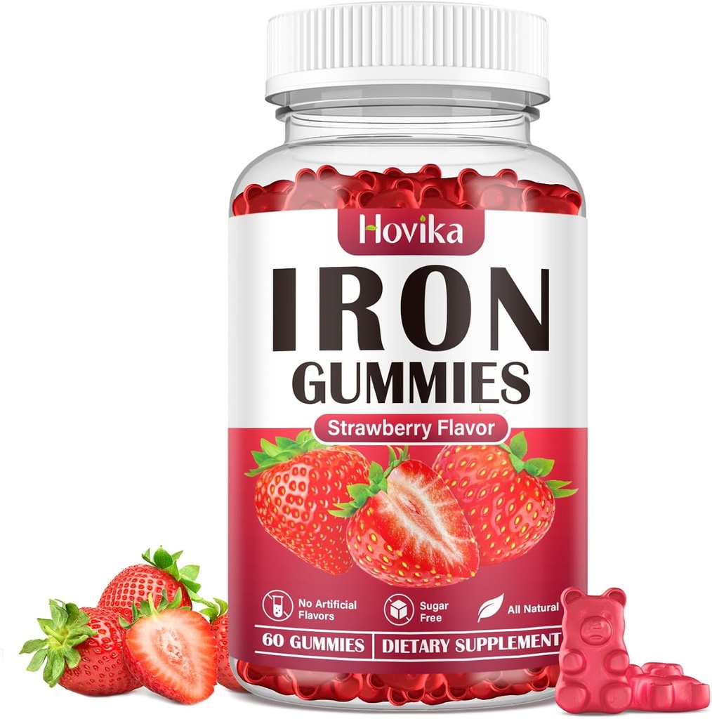 Συμπλήρωμα Iron Gummies για γυναίκες & άνδρες, Παιδικά συμπληρώματα σιδήρου για την αναιμία με βιταμίνη C, B12, Folate - Blood Builder & Energy Support for Iron Deficiency - Ζάχαρη Χωρίς άρωμα φράουλας, 60 Gummies