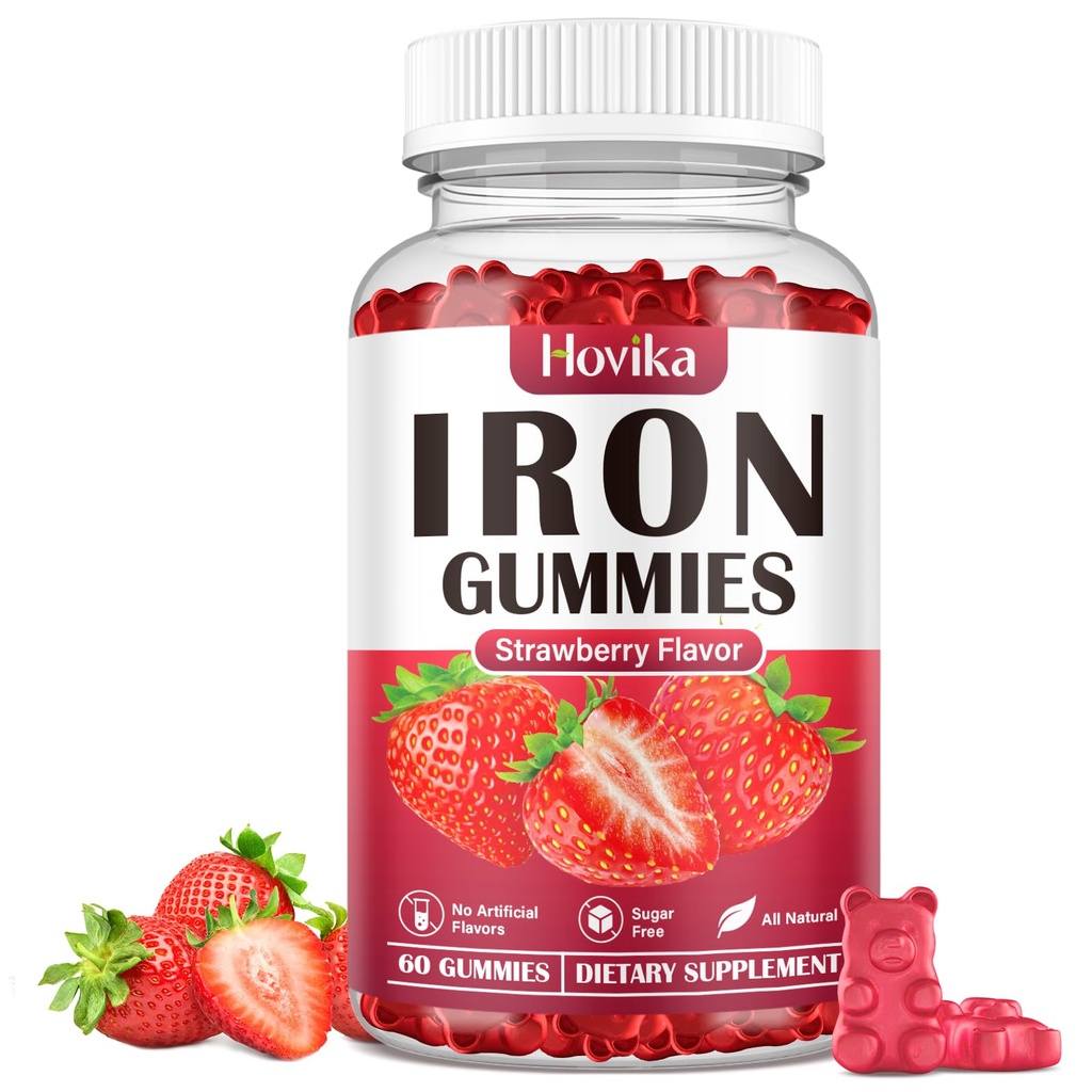 Συμπλήρωμα Iron Gummies για γυναίκες & άνδρες, Παιδικά συμπληρώματα σιδήρου για την αναιμία με βιταμίνη C, B12, Folate - Blood Builder & Energy Support for Iron Deficiency - Ζάχαρη Χωρίς άρωμα φράουλας, 60 Gummies