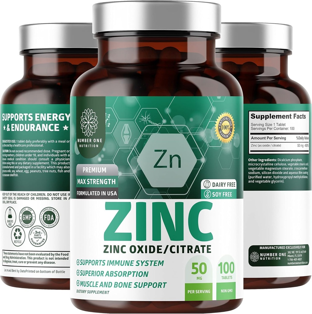N1N Premium Zinc 50mg [3X Απορρόφηση, Vegan] Όλα τα συμπληρώματα Οξειδίου και Κιτρικού Φυσικού ψευδαργύρου για την υποστήριξη του ανοσοποιητικού, την υγεία του δέρματος και την καλύτερη πέψη, 100 δισκία