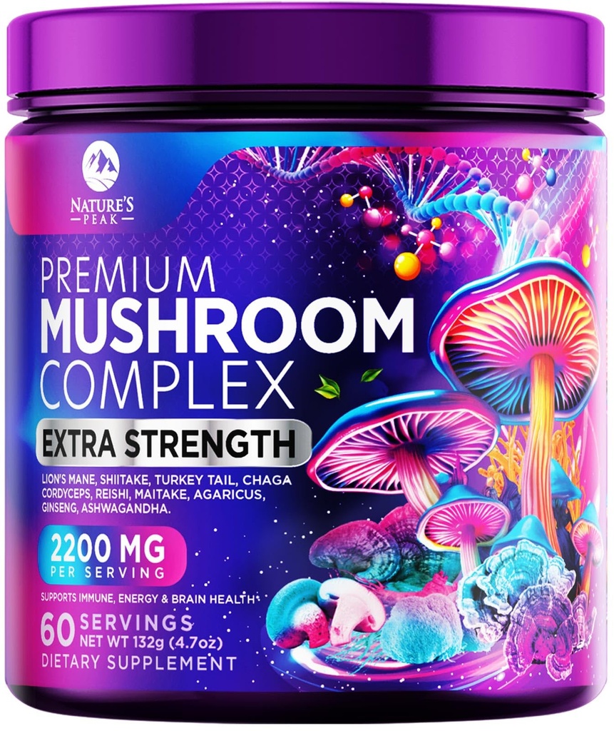 Mushroom Supplement Powder 2200mg - 11 in 1 Complex Formula Powder with Organic Lions Mane, Reishi, Cordyceps, Chaga, Turkey Tail Mushroom Extract Supplement for Memory & Brain Support - 60 Services