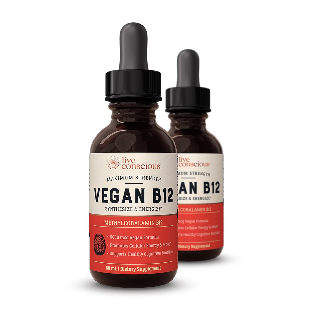 Ζωντανή συνείδηση Vegan Βιταμίνη B12 Υπογλώσσια Υγρές σταγόνες Μεθυλοκοβαλαμίνη Μέγιστη Δύναμη B12 5000mcg Φόρμουλα - Vegan B 12 Βιταμίνη Υποστήριξη Ενέργεια, Προώθηση Μνήμης & Βοήθεια ανοσοποιητικό σύστημα (2 Pack)