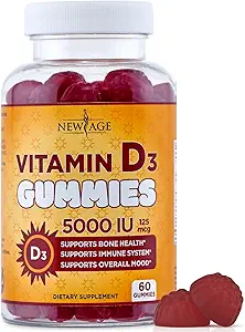 NEW AGE Vitamin D3 5000 IU 125mcg Gummies - Υποστήριξη για την Ανοσολογική Υποστήριξη, Ισχυρή Υγεία των Οστών - Μη ΓΤΟ, Χωρίς Γλουτένη, Χωρίς Γαλακτοκομικά, Χωρίς Ζελατίνη (60 Gummies (Pack of 1))