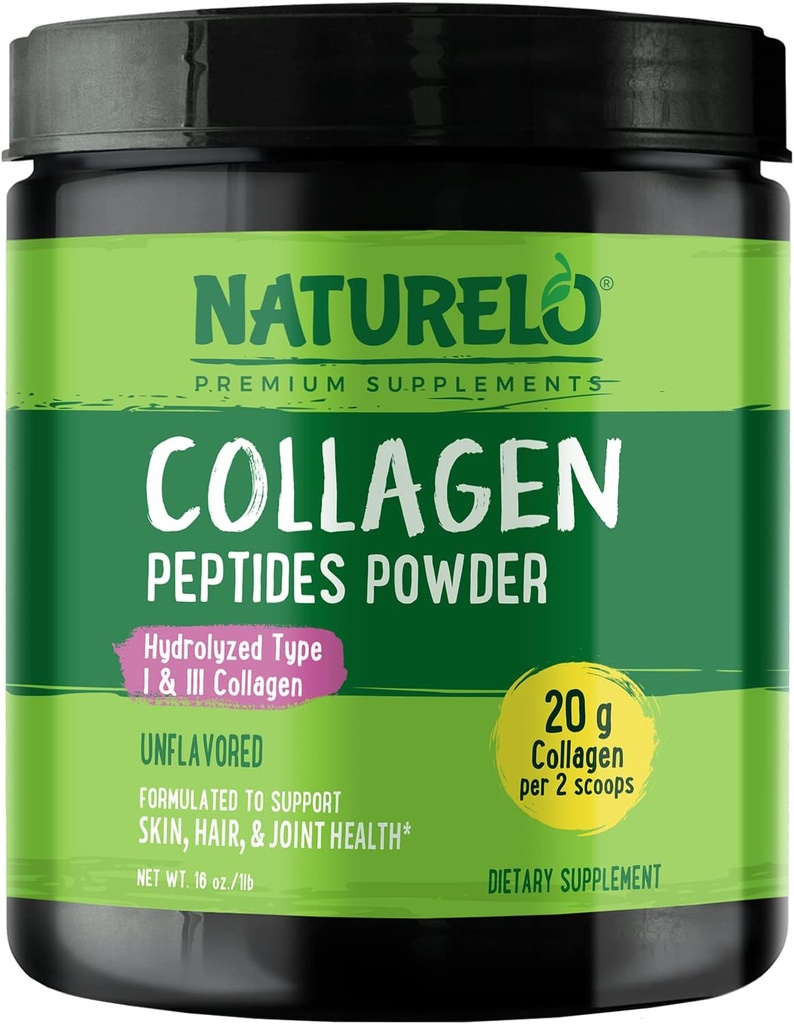 NATURELO Collagen Peptide Powder, Hydrolyzed Collagen Type I & III, Skin Hair & Joint Health - Χωρίς γεύση, 16 Ουγγιά 