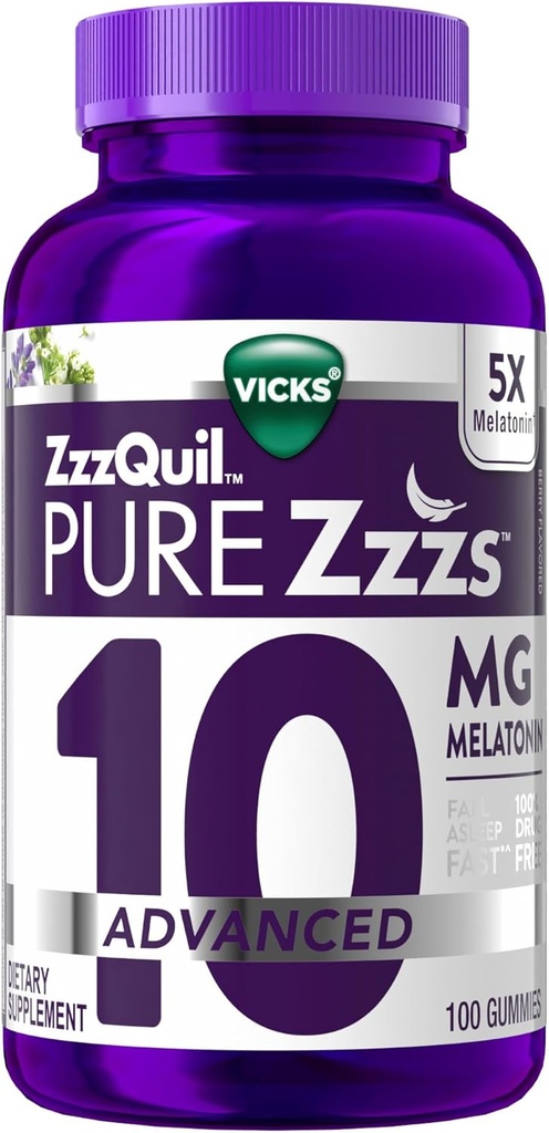 ZzzQuil Pure Zzzs Προηγμένη Μελατονίνη Gummies, Βοήθεια για τον Ύπνο με Χαμομήλι & Λεβάντα για Ενήλικες Berry Γεύση, 100 Count