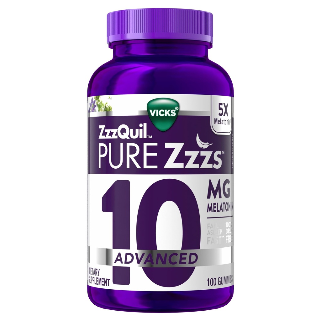 ZzzQuil Pure Zzzs Advanced Μελατονίνη Gummies, Μελατονίνη 10mg, Sleep Aid, με Χαμομήλι & Λεβάντα, Μελατονίνη Gummies ύπνου, Βοηθήματα ύπνου για ενήλικες, Berry Γεύση, 100 Gummies ύπνου