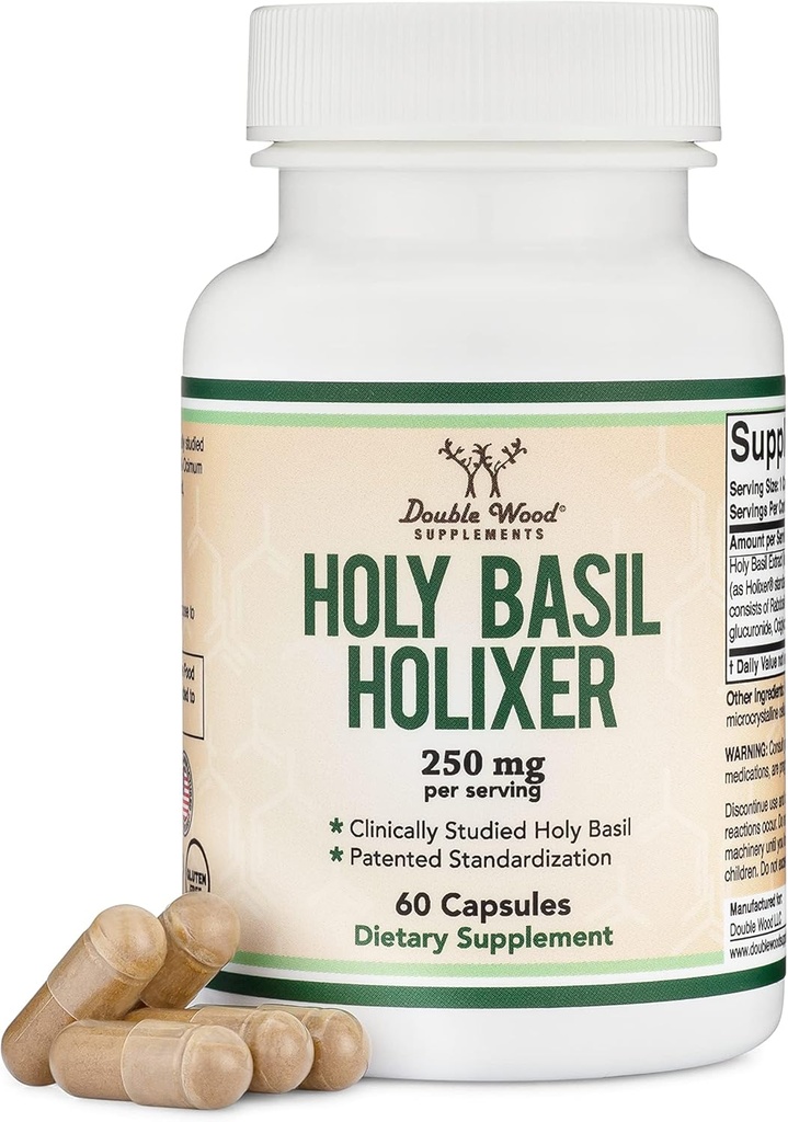 Tulsi Holy Basil Capses (Holixer Formula) - World's Only Clinically Studed Holy Basil Leaf Extract (Κλινικά Αποτελέσματα Μετά από 60 ημέρες χρήσης) για Mood and Relaxation by Double Wood