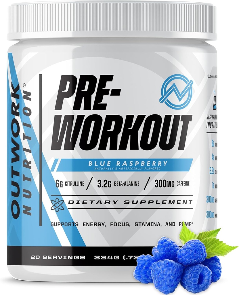 Outwork Nutrition Preworkout for Men & Women - Nootropic Pre Workout Without Creatine, Pre-Workingout Powder with Taurin Rhodiola Citrulline Malate Beta Alanine Caffeine (Blue Raspberry)