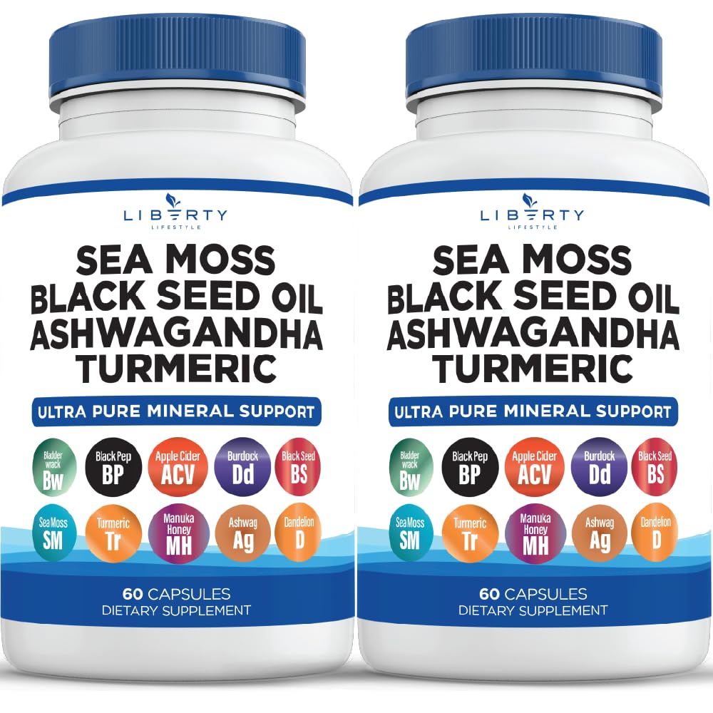 Sea Moss Black Seed Oil Ashwagandha Turmeric Bladderwrack Burdock - με Manuka, Honey Dandelion, ACV Black Pepper Gluten Free - 2-Pack