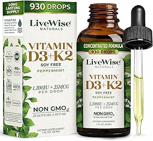 LiveWise Naturals Vitamin D3 with K2 Liquid Drops, All Natural, Non-GMO, USA Made, 1208 IU Vitamin D3 & 25 mcg K2, Supports Bone Health and Energy Levels, Infused with Peppermint, Olive, and MCT Oil