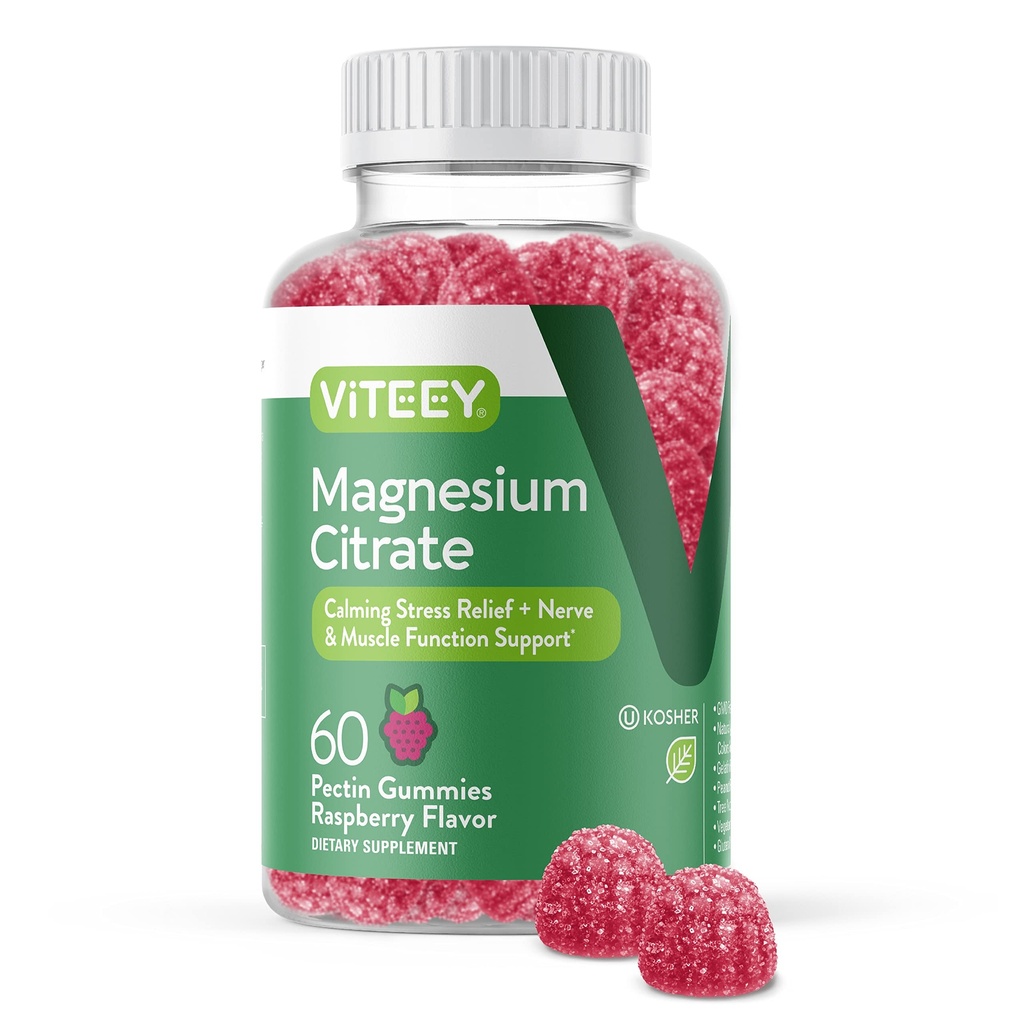 VITEEY Μαγνήσιο Gummies για ενήλικες - 66mg μαγνήσιο Citrate Gummy για την ηρεμία, τον ύπνο, τα νεύρα και τη λειτουργία των μυών Υποστήριξη - χορτοφαγικά, χωρίς γλουτένη - 60 Count