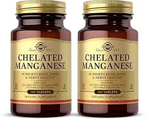 Solgar Chelated Manganese - 100 Tablets, Συσκευασία των 2 - Υποστηρίζει την υγεία των οστών, των αρθρώσεων και των νεύρων - Μη ΓΤΟ, Vegan, χωρίς γλουτένη, χωρίς γαλακτοκομικά, Kosher - 200 Σύνολο εξυπηρετήσεων