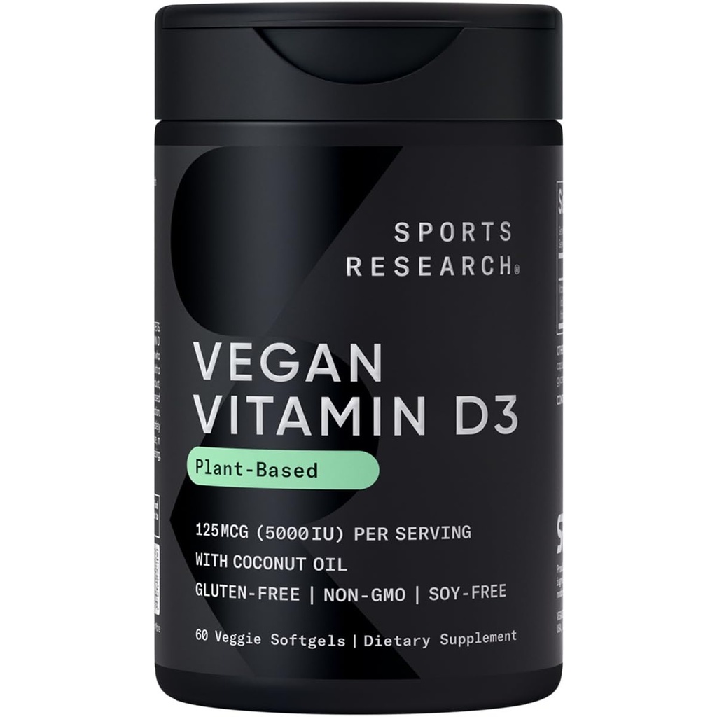 Sports Research Vegan Vitamin D3 5000IU (125 mcg) με λάδι καρύδας 100% Φυτική βάση βιταμίνη D για οστά, κοινή & ανοσοποιητική υποστήριξη 