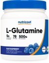 Nutricost L-Γλουταμίνη σκόνη (500 γραμμάρια) (μπλε σμέουρο)