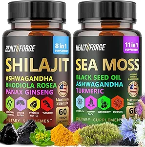 Shilajit, Ashwagandha Capsules & Sea Moss Capsules Black Seed Oil Capsules Ashwagandha, Turmeric - Shilajit for Woman Men Immune Support Rhodiola Rosea, Shilajit 60 Capsules & Sea Moss 60 Capsules Set