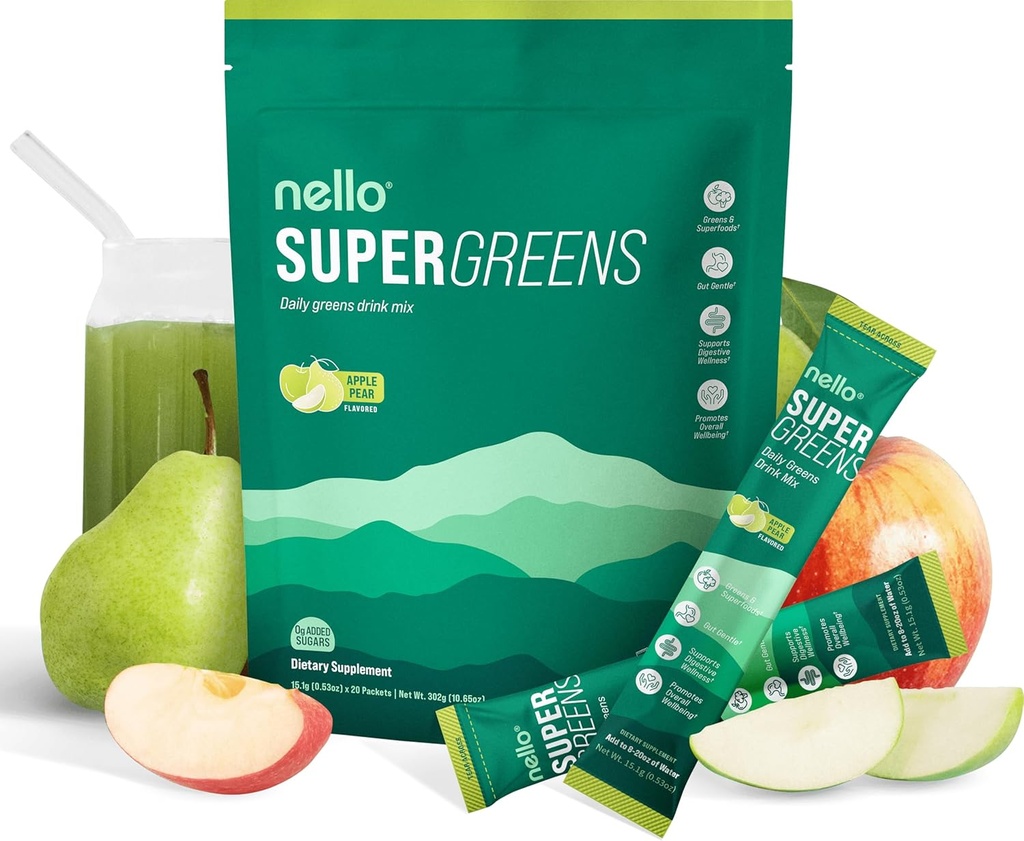 Nello Supergreens Superfood Drink Mix with Chlorella, Moringa, Spinach, Broccoli, Digestive Enzymes, and Probiotics – Apple Pear Flavor, 20 Services, Travel Pack
