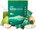Nello Supergreens Superfood Drink Mix with Chlorella, Moringa, Spinach, Broccoli, Digestive Enzymes, and Probiotics – Apple Pear Flavor, 20 Services, Travel Pack