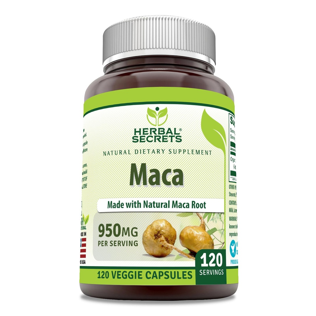 Herbal Secrets Maca Supplement | 950 Mg | 120 Veggie Capsules | Non-GMO | Gluten Free | Made in USA
