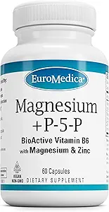 EuroMedica Magnesium + P-5-P - Συμπλήρωμα υποστήριξης για την υγεία των οστών και της καρδιάς - Συμπλήρωμα διατροφής με βιταμίνη Β6, ψευδάργυρος & μαγνήσιο - Πυριδοξαλικό-5-Φωσφορικό Vegan Συμπληρώματα κάψουλας - 60 κάψουλες