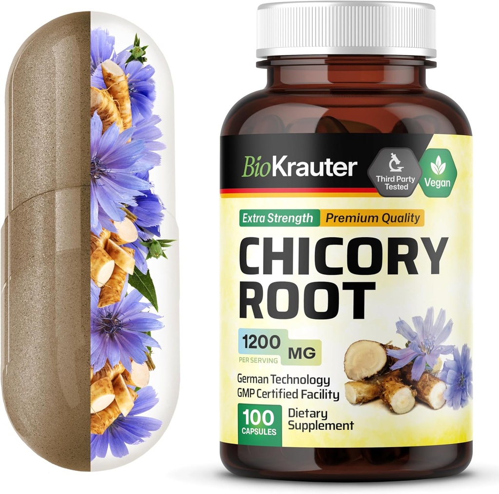 BIO KRAUTER Chicory Fiber Συμπλήρωμα - 1200 mg Δύναμη - 100 Count - Chicory Root Powder - Inulin Capses for Digestive Support - Vegan