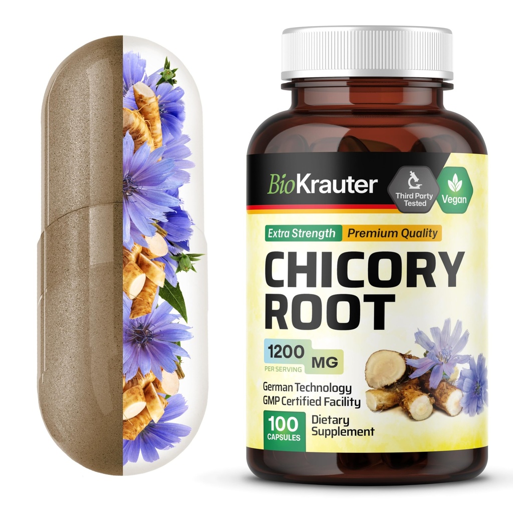 BIO KRAUTER Chicory Fiber Συμπλήρωμα - 1200 mg Δύναμη - 100 Count - Chicory Root Powder - Inulin Capses for Digestive Support - Vegan