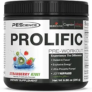 PEScience Prolific Pre Workout Powder, Strawberry Kiwi, 40 Scoop, Energy Supplement with Nitric Oxide