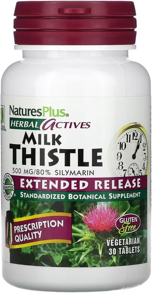 Natures Plus Herbal Actives Milk Thistle, Extended Release - 500mg, 80% Silymarin, 30 χορτοφαγικά δισκία - Χωρίς γλουτένη - 30 Σερβιέτες