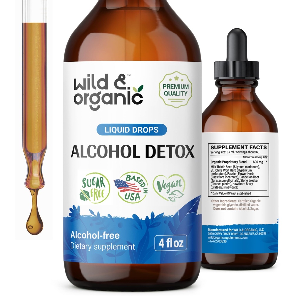 Wild & Organic Alcohol Detox Drops - Καθαρίστε το συκώτι και το νεφρό με το γάλα Thistle, Chanca Piedra Stone Breaker - Anti Alcohol Complex για τον καθαρισμό του ήπατος Detox - Vegan, χωρίς ζάχαρη & Πρόσθετα - 4 fl oz