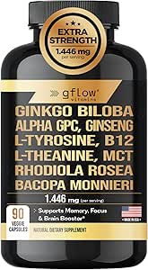 Ginkgo Biloba Alpha GPC Supplement with Panax Ginseng L Tyrosine with L Theanine, Bacopa monnieri, Rhodiola Rosea, Phosphatidylserine, B12, MCT, DMAE - Complex | Made in USA