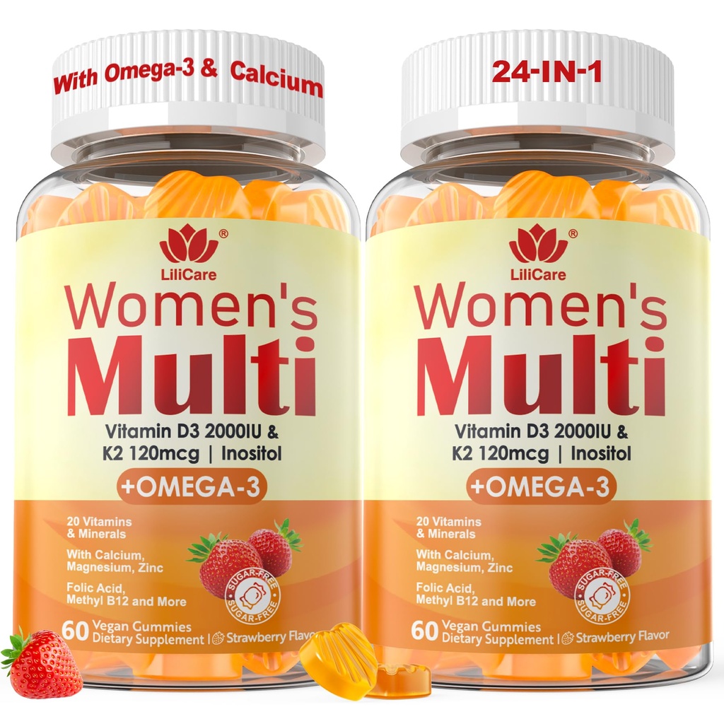 Womens Multivitamin Gummy, Methylated Multivitamin for Women w/Omega 3（DHA/EPA), Vitamin D3 K2, Calcium, Inositol, Daily Womens Vitamins A C E B Complex, L-MethylFolate, Methyl B12, Sugar Free, 120Cts