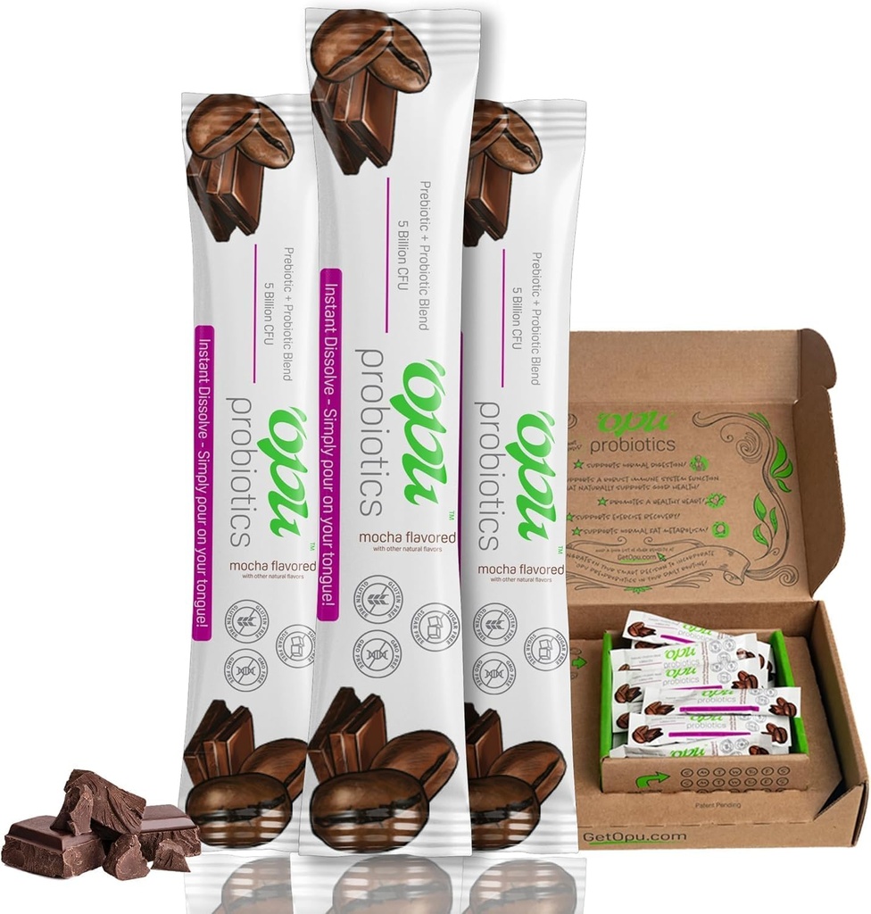 'Opu Probiotics Mocha Instant-Dissolve - Προμήθεια ενός μήνα - 5 δισεκατομμύρια CFU's - Άνδρες, γυναίκες και παιδιά w/Prebiotics Χωρίς ζάχαρη, χωρίς γλουτένη, μη ΓΤΟ