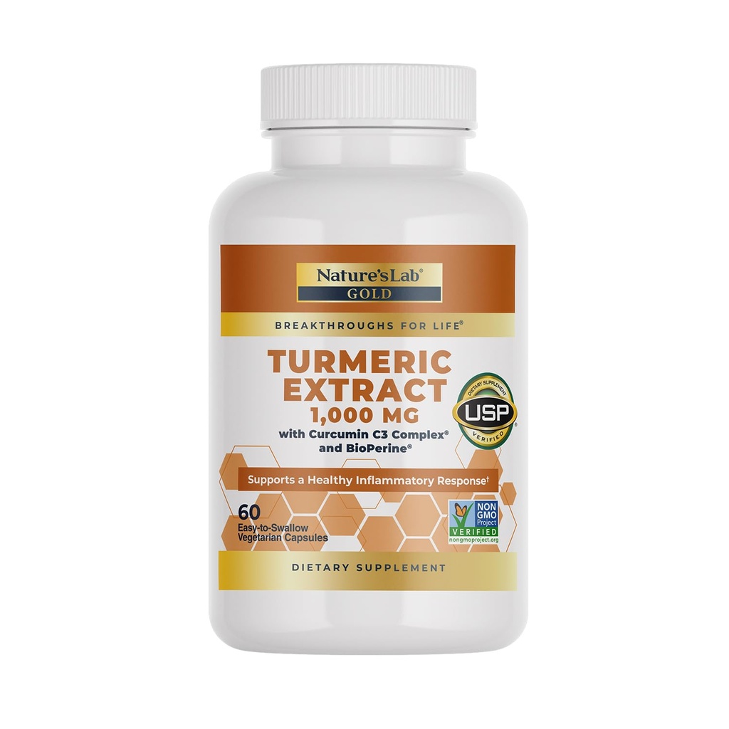 Nature's Lab Turmeric Extract with Curcumin C3 & BioPerine 1000mg - Promotes Cardiovascular, Digestion and Immune Health - 60 Capsules (30 Day Supply)