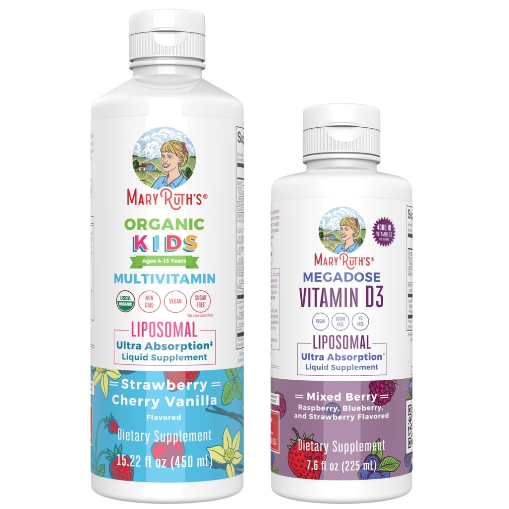 MaryRuth Organics Kids Multivitamin Liposomal (Strawberry Cherry & Vanilla) & Βιταμίνη D3 Liposomal (Mixed Berry) Clean Label Project Επαληθευμένο® Βιταμίνες για Ανοσία & Συνολική Ευεξία, Vegan, Μη ΓΤΟ
