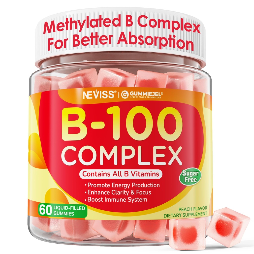Super Vitamin B Complex Gummies - Methylated B Complex for Women & Men, All B Vitamins, Methyl B12, Methylfolate, Vitamin C, Choline, Inositol, PABA for Energy, Brain & Immune, 0g Sugar, Vegan, 60 Cts