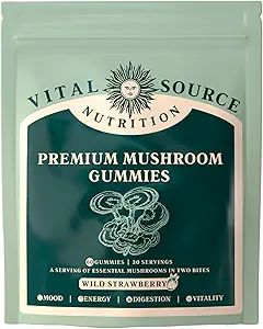 Ζωτική Διατροφή Πηγής - Premium Mushroom Gummies - Vitality, Digestion & Energy Support - 10 Είδη Premium Μανιτάρια - Vegan, Gluten-free & Hanal - Άγρια Φράουλα - 60 Gummies - 30 Υπηρεσίες