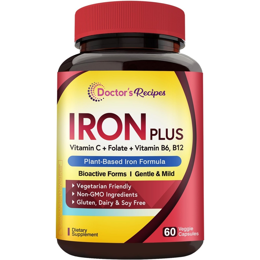 Doctor's Recipes Iron Supplement for Women Men - Gentle Iron Bisglycinate with Vitamin C, B6, Folate & B12, Stomach Friendly Iron Pills, 60 Vegan Caps