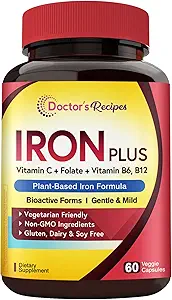 Doctor's Recipes Iron Supplement, Iron Bisglycinate with Vitamin C, B6, Folate & B12, Non-Constipating, Stomach Friendly, Gentle Iron Pills for Iron Deficiency, Blood & Energy Support, 60 Vegan Caps