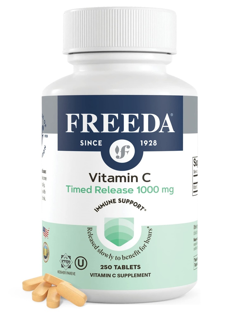 FREEDA Vitamin C - Timed Release 1000mg – Slow- Release για υποστήριξη ανοσοποιητικών & αντιοξειδωτικών, Gentle on Stomach, Kosher & Vegan, δισκία υψηλής απορρόφησης (250 δισκία)