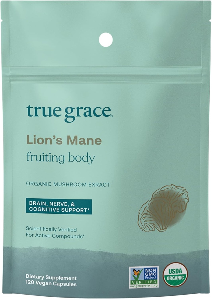 True Grace Mushroom Lion's Mane Brain, Nerve & Γνωστική Υποστήριξη - 120 Κάψουλες Κόμης - Οργανικά