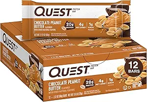 Quest Nutrition Chocolate Peanut Butter Bars, 20g Protein, 1g Sugar, 4g Net Carb, Gluten Free, Keto Friendly, 12 Count
