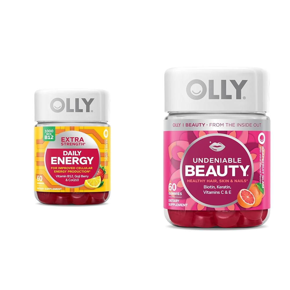 OLLY επιπλέον δύναμη καθημερινής ενέργειας Gummy, χωρίς καφεΐνη, 1000mcg βιταμίνη B12, CoQ10, Goji Berry & Undetiable Gummy ομορφιά, για τα μαλλιά, δέρμα, νύχια, βιοτίνη, βιταμίνη C, κερατίνη, Chewable συμπλήρωμα