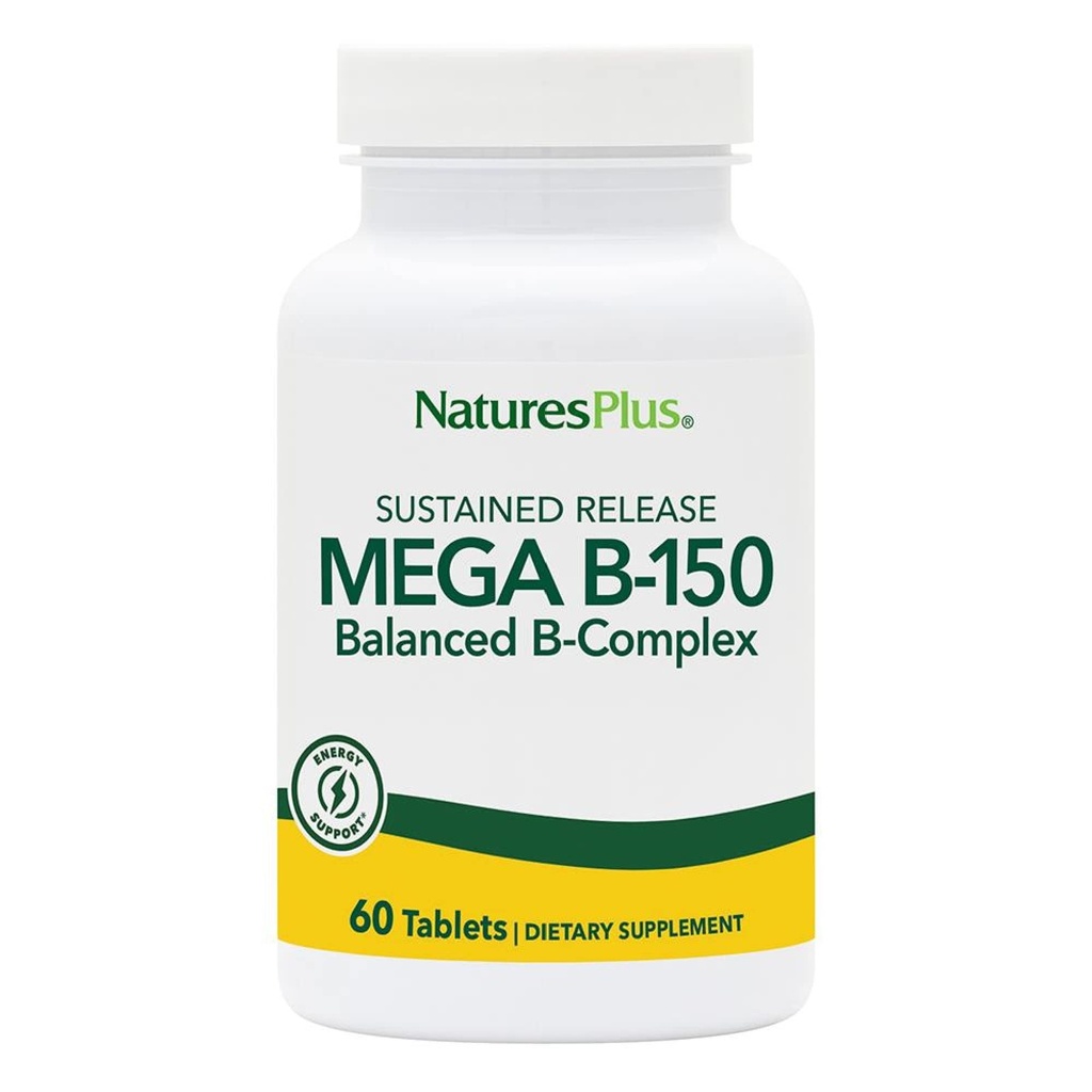 Natures Plus Mega B150 Complex, Παρατεταμένη απελευθέρωση - 60 χορτοφαγικά δισκία - Μέγιστη ισχύς B Complex Vitamin Supplement - Χωρίς γλουτένη - 60 μερίδες