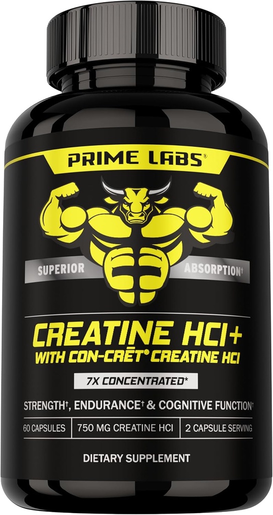 Prime Labs Creatine HCl Capsules - with CON-CRĒT®, Rhodiola Root Extract, & L-Theanine - Muscle Support, Endurance, Cognitive Function - for Men & Women - 60 Pills