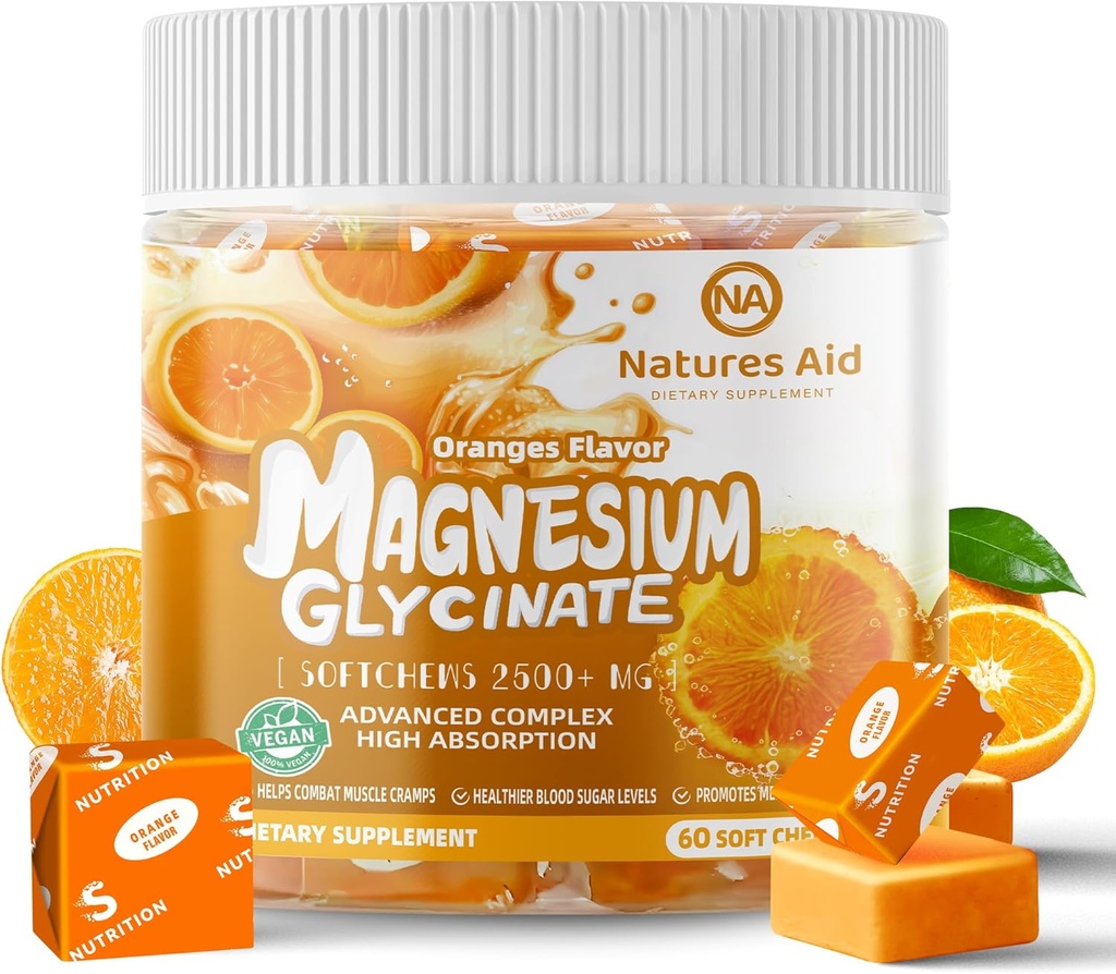 Magnesium Glycinate Soft Chews Supplement,Chewable Sugar Free Potassium Magnesium Chews with Magnesium Glycinate, Vitamin D, B6, and CoQ10 for Calm Support & Sleep for Adults,60 Days Supply-Orange