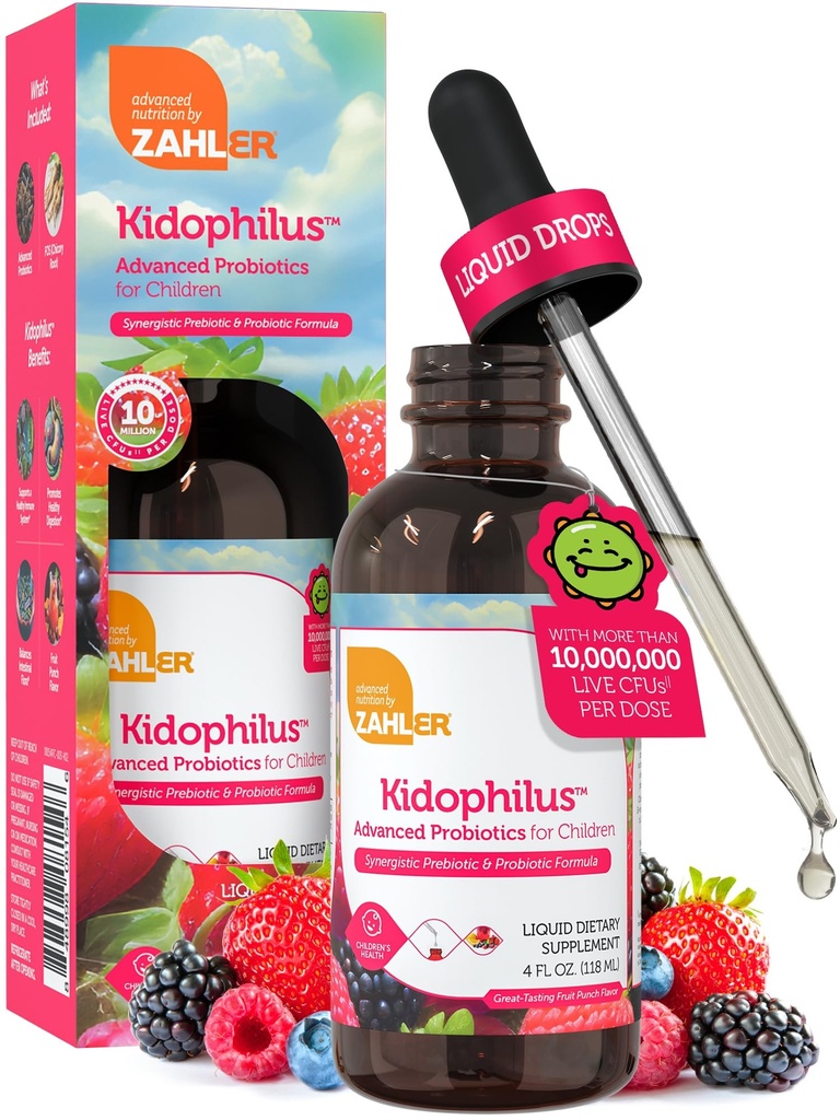 Zahler - Kidophilus Liquid Drops Probiotics για παιδιά (4 Fl Oz) Πιστοποιημένα Kosher Kids Probiotic για υγιή πέψη & ανοσοποιητική υποστήριξη - Fruit Punch Flavored Children's Probiotic Drops Συμπλήρωμα