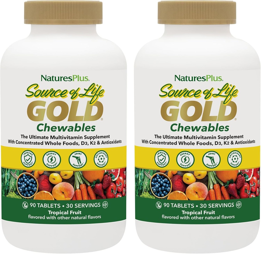 NaturesPlus Πηγή Ζωής Gold Multivitamin - 90 Μασώμενα δισκία, Συσκευασία των 2 - με Βιταμίνες D3, B12, K2 & Περισσότερα από 120 ολόκληρα τρόφιμα - Αίμα, οστά & ανοσοποιητική υποστήριξη - Χωρίς γλουτένη - 60 Σύνολο Σερβιρίσματος