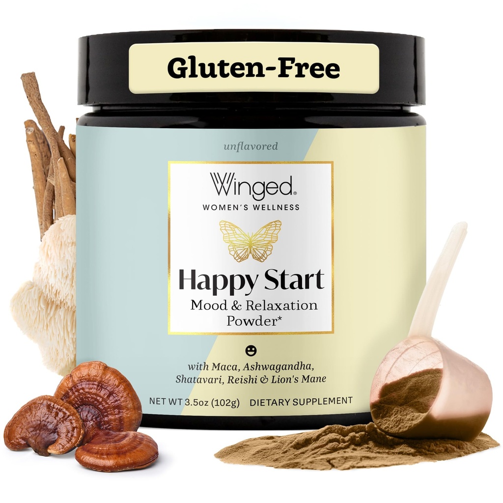 Winged Wellness Happy Start, Mood Booting Drink Mix Powder for Women - Happy Mind & Hormonal Health, Mood Support Supplement with Red Maca, Ashwagandha, Mushrooms & More - Σοκολάτα, 30 Services