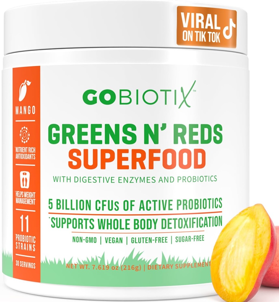 GOBIOTIX Super Greens and Reds Powder - Κόκκινο και Πράσινο Superfood - Probiotic Supplement - Digestive Enzymes and Beet Root Powder - Organic Whole Foods Dietary Supplement (Mango, 1 Pack)